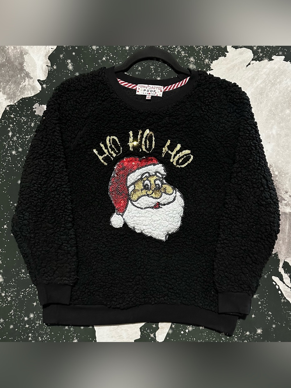 Poof Black Sherpa Fuzzy Santa Sequin Sweater